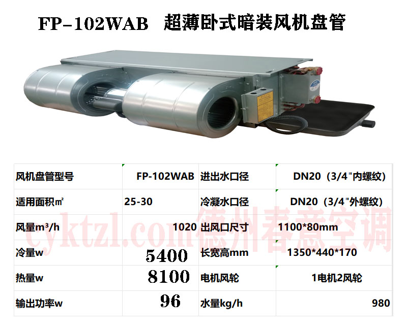 超薄臥式暗裝風機盤管型號選型參數表格